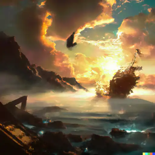 DALL·E 2022 10 25 17.04.32   colorful splashes and explosions as An wild ocean of clouds beneath the mountains in the sunrise with an old ship, digital Art  gigapixel low_res scale 6_00x